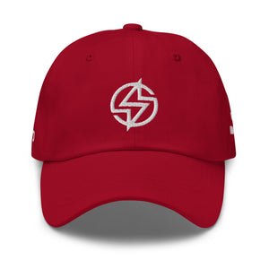 Red dad hat with white embroidery