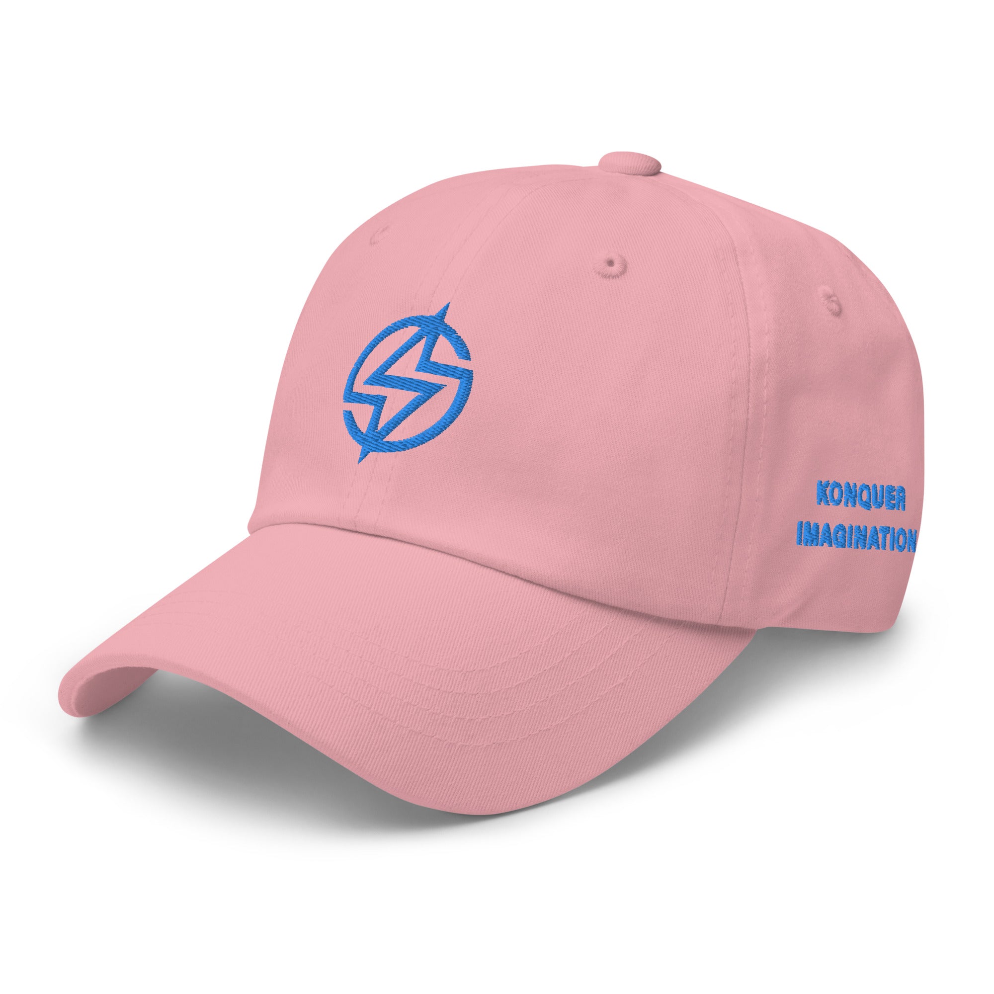 Pink dad hat with blue embroidery